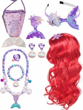 Mermaid Jewelry Set For Girls, Sequin Handbag, Shoulder Bag, Red Wig, Hair Clip, Hairband, Earrings, Pearl Bracelet, Pearl Necklace; For Dressing Up For Parties Or Daily, Great Birthday, Holiday Or School Gift