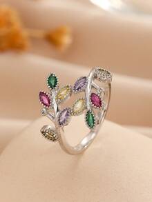 1pc High-End Copper & Cubic Zirconia Leaf Design Ring, Luxury Celebrity Style, Suitable For Women Business, College, Holiday, Party And Daily Wear (Factory Direct ) - Silver - View 10