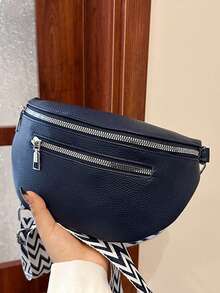 女士 PU 皮革斜挎包/腰包，新款休闲小号单肩包，纯色简约百搭胸包 - 藏蓝色 - 查看 5