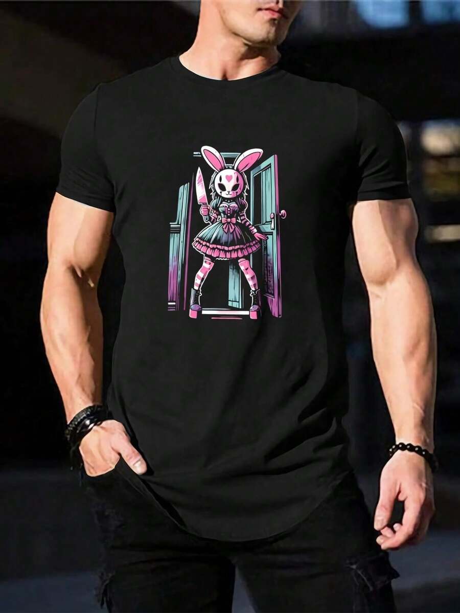 Camiseta para Hombre y Mujer con Estampado de Conejo Asesino Creepy Cute - Estilo Gótico Anime Harajuku - Disfraz Único para Halloween - Algodón Suave - Moda Urbana Atrevida - Regalo para el Marido - Negro - Ver 1