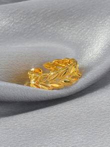 1 件简约镂空橄榄叶/小麦设计戒指，时尚百搭简约结婚戒指，适合女士 - 金黃色 - 查看 2