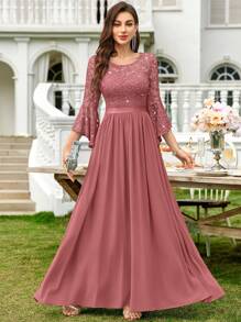 MIUSOL Sequin Floral Lace Flare Sleeve Contrast Chiffon Formal Party Maxi Dress, Elegant Party, For Wedding Guest, Graduation, Dinner,Gown,Evening