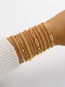 16pcs/12pcs/11pcs/9pcs Stylish Simple Classic Copper Braided & Snake Chain Layered Heart Charm Bracelet Set For Women, Birthday, Vacation, Party, Daily Outfit, Versatile. (Please Note There May Be Slight Color Difference Between Actual Product And Images Due To Lighting And Angle During Photography)