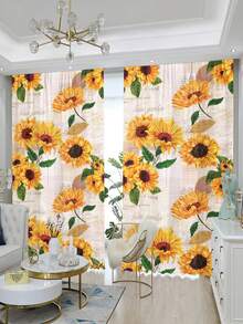 1套2件太陽花鄉村風格的木質花紋窗簾，農舍穀倉木質主題的臥室客廳窗簾，掛袋式窗簾客廳家具裝飾。