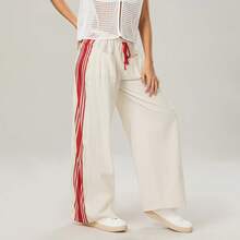 Womens Hudson Canyon Pants Side Striped Sweatpants Drawstring Waist High Rise Wide Leg Pant Trousers With Pockets Y2K Slouchy Palazzo Pants Streetwear - trắng - Xem 5