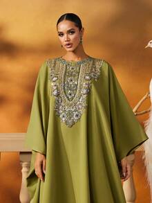 AmazingHoney Elegant Green Robe, Adorned With Exquisite Beading, Luxurious Long Women's Kaftan, Dignified And Appropriate, Arabian Style Robe (Loose Fit - Please Check Size Chart) - Army Green - View 4
