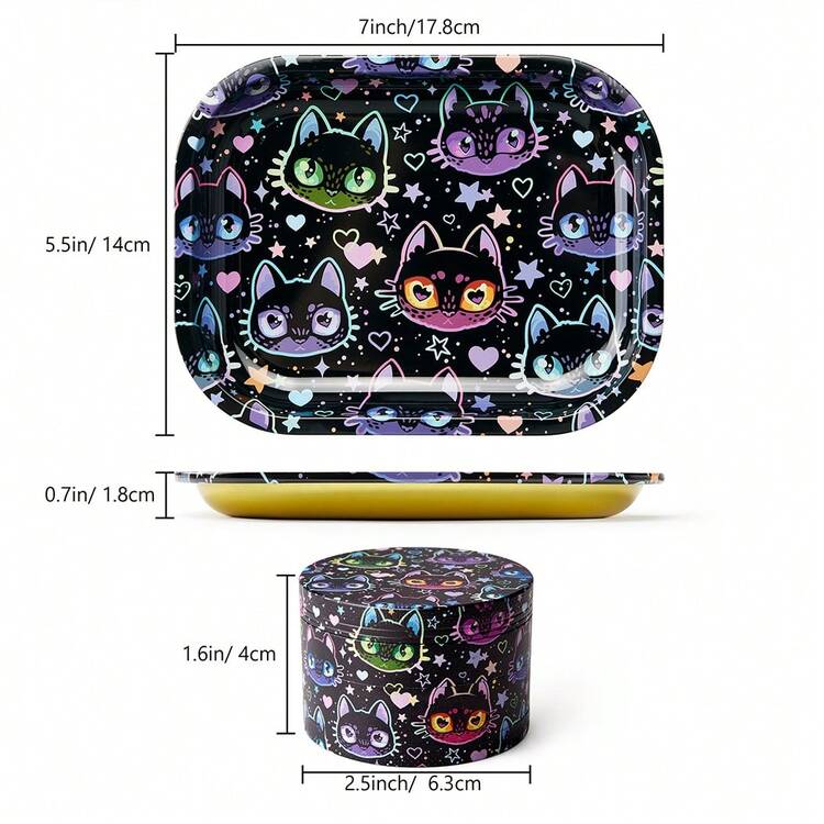Cute Cat Printing Rolling Tray Set With Grinder, Metal Rolling Tray Combo Kit Ideal For Gifts, Easy To Carry - Cute Cat - 查看 7