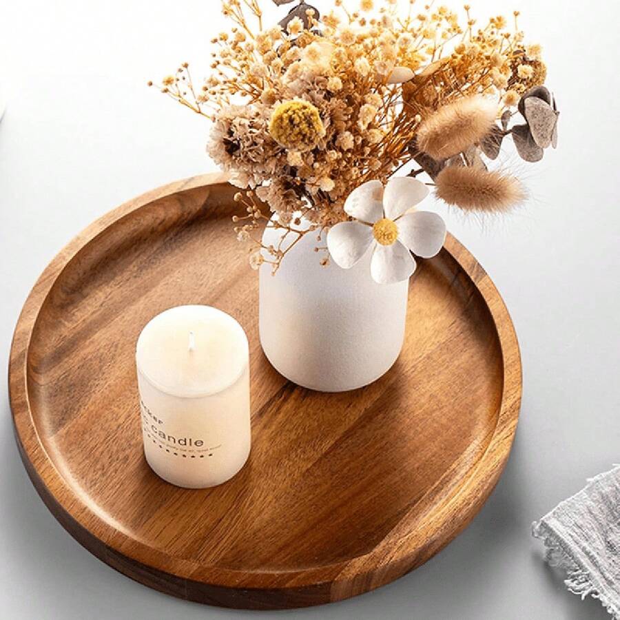 Wooden Serving Tray Round Shape Charcuterie Boards Decorative Tray For Living Room Kitchen Home - 棕色 - 查看 1