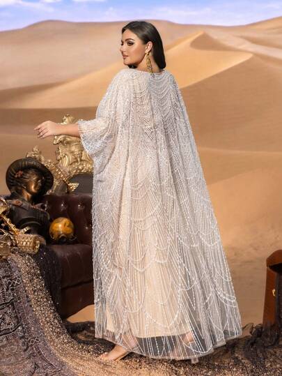 Faeriesty Plus Size Women's Kaftan Dress - Elegant Abaya Robe With Silver Sequin Embroidery, Flowing Long Style, Loose Flare Sleeves Suitable For Desert Photography, Middle Eastern Weddings, Luxury Vacations And Formal Occasions Party