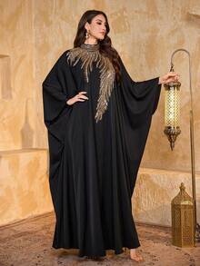 SUPGIR Women's Mandarin Collar Batwing Sleeve Sequin Patchwork Chiffon Elegant Slim-Fitting Evening Dress - Black - View 6