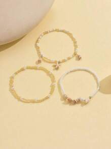 3pcs/Set Fashionable Summer Beach Resort Style Starfish, Shell & Pearl Anklet Foot Jewelry For Girls
