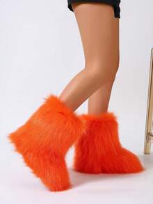 Women's Furry Faux Fur Boots Fuzzy Fluffy Mid Calf Snow Boots Suede Warm Fur Lined Booties Flat Fashion Boots Orange - 橘色 - 查看 4