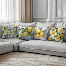 4 pièces Set de housse de coussin thème citron bleu d'été, imprimé sur un seul côté en velours pêche, 45*45CM/18*18 pouces, pour la décoration d'un canapé moderne, la décoration de fête, un cadeau
