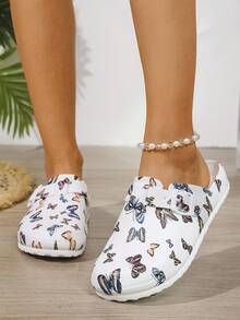 Women's Fashion Slip-On Nurse Shoes, White EVA Flat Slippers With Butterfly Water Print, Protective Toe Work Shoes For Doctors/Nurses, Non-Slip & Wear-Resistant - White Butterfly - View 6