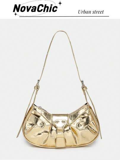 Novachic, 1pc Crocodile Pattern Golden Vintage Rivet Decor Pleated Snap Closure Adjustable Shoulder Strap Women Shoulder Bag Crossbody Bag Suitable For Daily Use , Gold Bag