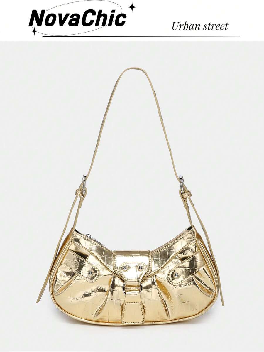 Novachic, 1pc Crocodile Pattern Golden Vintage Rivet Decor Pleated Snap Closure Adjustable Shoulder Strap Women Shoulder Bag Crossbody Bag Suitable For Daily Use , Gold Bag - Gold - View 1