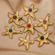 4 pièces Pendentif en acier inoxydable 304 doré, étoile de mer et pierre naturelle, DIY bijouterie, convient pour que les femmes le portent lors de vacances d'été à la plage