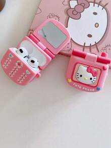 Sanrio 1PC Cute Creative Phone Kitty Cat Silicone APPLE Bluetooth Earphone Case With Makeup Mirror Compatible With AIRPODS 1/2/3/4/Pro/Pro2(Nd)/Pro3(Rd)