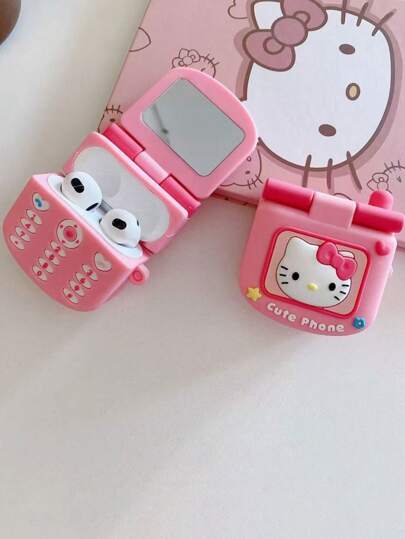 Sanrio 1 Stück süße, kreative Handy-Katze aus Silikon für Apple Bluetooth-Kopfhörer mit Schminkspiegel, kompatibel mit Airpods 1/2/3/4/Pro/Pro2 (Nd)/Pro3 (Rd).