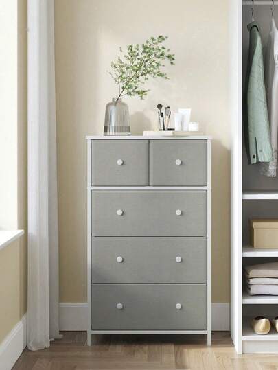 Chest Of Drawers, Fabric 5-Drawer Storage Organiser Unit, Dresser, For Living Room, Hallway, Nursery, White And Oak Halloween Decorations Halloween Costumes Autumn Decor Festival Decor, Light Grey And White