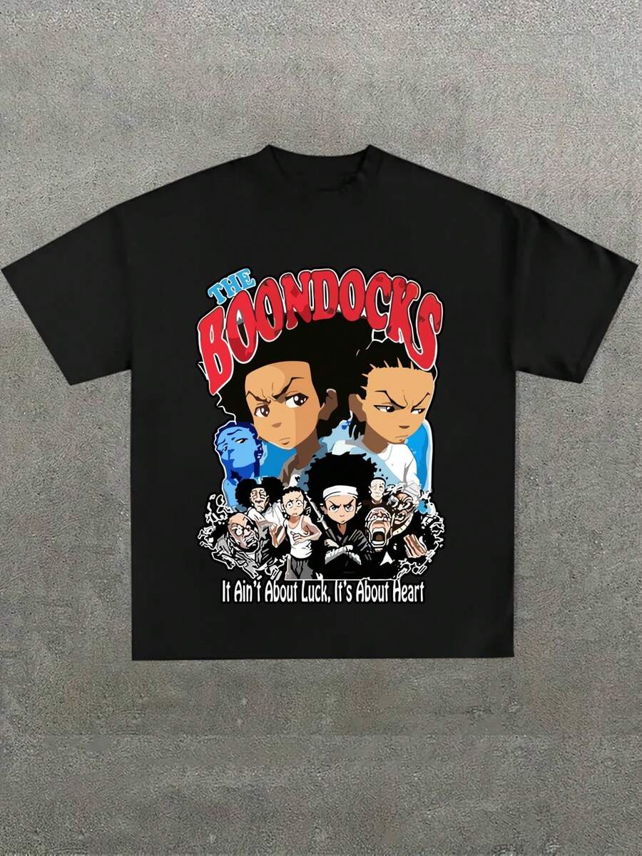 Dise?o de personajes de animación con texto inspirador,Camiseta casual de cuello redondo y manga corta con estampado,adecuada para uso diario en primavera y verano,unisex - Negro - Ver 1