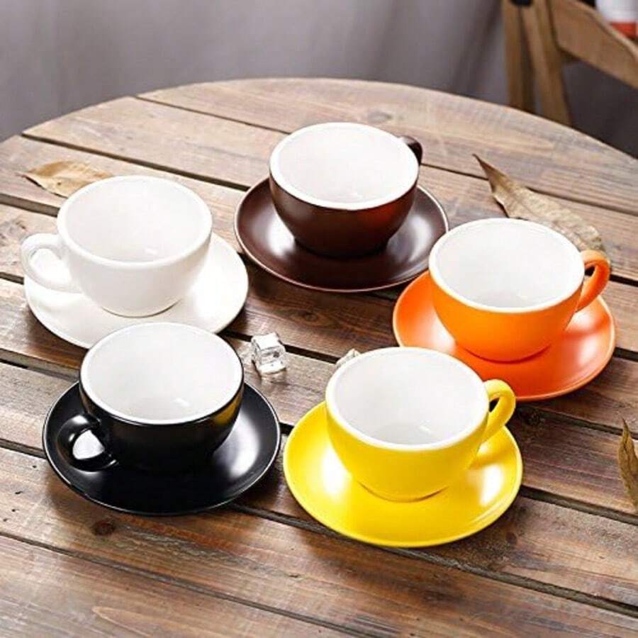 10 Oz Cappuccino Cup With Saucer - Ceramic Espresso Cup, White Tea Cup And Saucer, Latte Mug Set, Suitable For Housewarming, Parties, Cafes