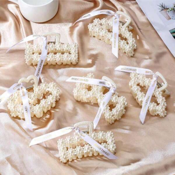 Set de 6 piezas de accesorios para el cabello para propuestas a damas de honor, clips de cabello con perlas de estilo aleatorio de 3.7 pulgadas, regalos para despedida de soltera, accesorios para el cabello de damas de honor, sin cinta