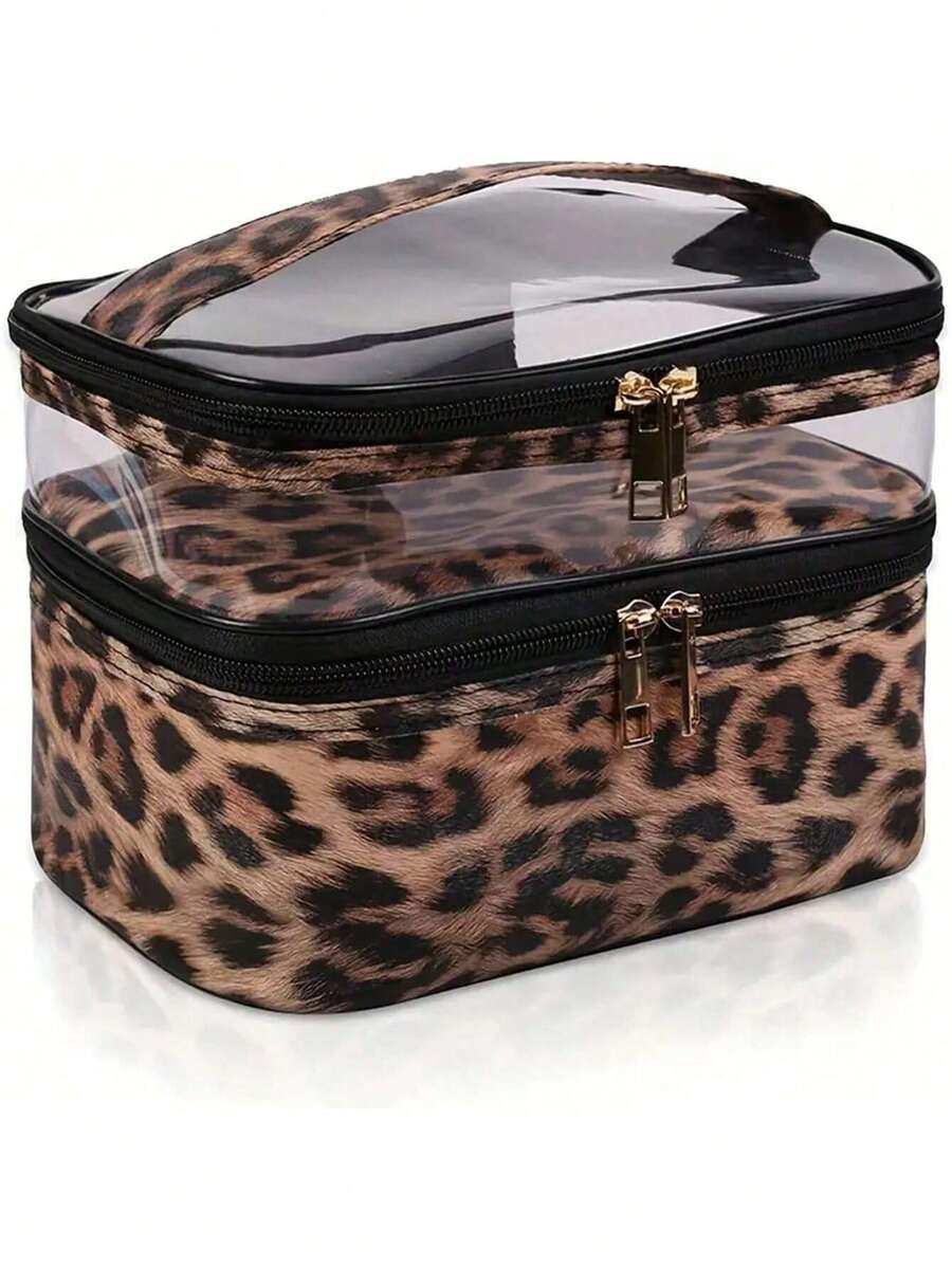 1 件时尚百搭豹纹化妆包，双层旅行化妆包，洗漱包非常适合日常和节日使用，送给女性的礼物创意独特的礼物。