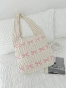 Colorblock Bow Design Crochet Tote Bag, Large Capacity Multi-Function Commuter Knit Hobo Bag, Fashion Women's Casual Shoulder Bag, Y2K Gifts, Vacation, Beach Bag, Mother's Day & Wedding/Bridesmaid Gifts