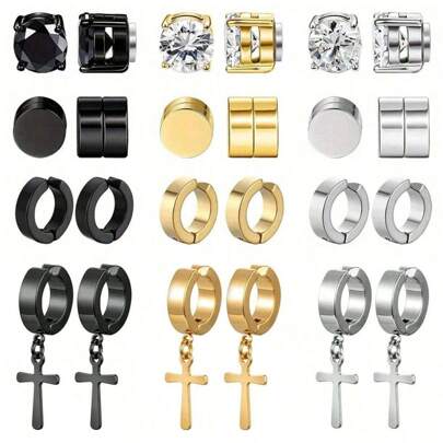 8Pcs Classic Shiny Cubic CZ Stainless Steel Magnetic Non-Piercing Stud Earrings For No Ear Holes Simple Hoop Ear Clips For Men Women Cross Dangling Drop Earring Birthday Party Holiday Jewelry Gifts For Friends
