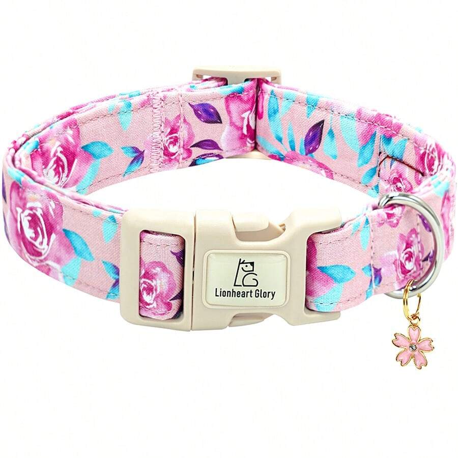 Kalung Anjing Motif Bunga Lionheart Glory, Kalung Lucu untuk Anjing Ukuran Sedang, Unisex, Musim Semi/Panas, Kalung Hewan Peliharaan yang Dapat Diatur & Tahan Lama
