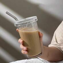 1pc Vertical Striped Transparent Cup With Lid And Straw, For Home Use