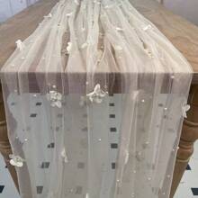1pc Table Runner, Wedding Veil Beaded Pearl Lace Fabrics Table Decorations, Soft Tulle Tablecloth, For Wedding, Party And Holiday Decor, Table Decor, Home Supplies