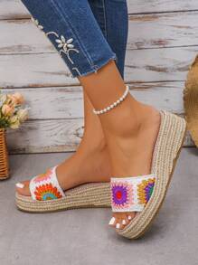 1 pereche de sandale cu platformă și baretă țesută cu flori, stil boem, sandale de vară impermeabile cu talpă groasă, pentru fete, bej