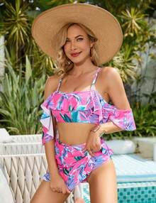 YESFASHION Womens Floral Bikini Set Two Piece High Waisted Swimsuit With Skirt Off Shoulder Ruffle Bathing Suits Tummy Control Swimwear - 玫瑰紅 - 查看 6