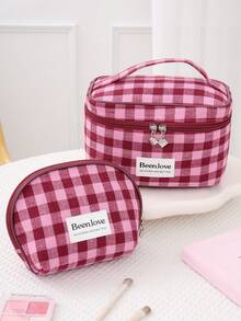 1 pieza/Set Bolsa de cosméticos a cuadros retro Y2K, bolsa de maquillaje a cuadros rosa y blanca linda para damas, bolsa de cosméticos con cremallera de gran capacidad, bolsa de viaje a cuadros casual para almacenamiento, bolsa de cosméticos esencial para viajes y vacaciones, puede almacenar toallas sanitarias y tampones, adecuada para el nuevo período escolar, primavera/verano, aniversario, vacaciones, uso diario, festivales, un regalo ideal para mujeres, también una excelente opción de regalo de Navidad - Rosa Fucsia - Ver 7