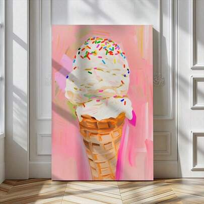 1 件粉彩粉色香草冰淇淋少女夏日美食海岸家居艺术粉色少女厨房墙壁艺术帆布海报画卧室客厅墙面装饰画适用于客厅、卧室、餐厅可选画框现代海报、墙壁艺术、帆布画和可重复使用的画框