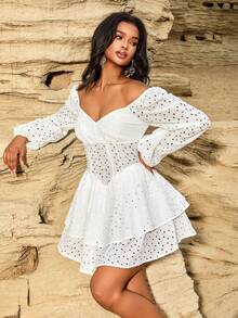 女士激光切割刺绣泡泡袖分层荷叶边长袖连衣裙