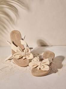 Tropiscape Women's Fashion Shoes, Beige Color With Bowknot, Summer Style Straw Woven Flat Sandals, Casual Beach Slippers With Jute Sole Vacay Vibes Vacation Relax Beach Autumn Winter Gifts - Beige - View 1