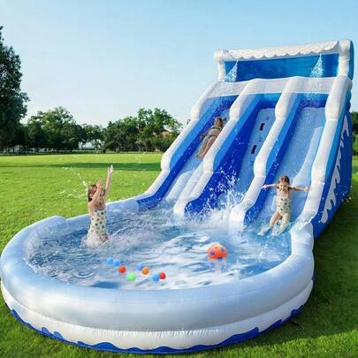 20ft Large Double Lane Inflatable Water Slide With Splash Pool & Air Blower For Kids Backyard Fun(Blue) (Oxford Material)