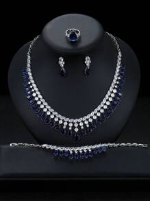 1 Set Of 5pcs Luxurious Cubic Zirconia Necklace Earrings Bracelet Ring Jewelry Set, High-Quality Teardrop Decor Bridal Wedding Evening Party Accessories Gift For Women
