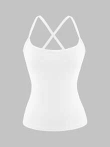 XLLAIS 女士简约纯色交叉露背弹力运动健身吊带背心，夏季白色休闲款 - 白色 - 查看 7