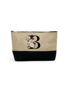 1 set, Bolso de mano tipo tote con estampado de flores con inicial A y correas para el hombro & Set de bolsas de maquillaje con iniciales de la A a la Z, bolso de regalo personalizado con bolsillos laterales, bolso de playa con pañuelo, bolsos de almacenamiento portátiles y de ocio, bolsas de compras multifuncionales, bolsa de almacenamiento simple para viajes