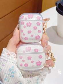 Fashionable White Flower Wireless Earphone Case Compatible With AirPods 4th Gen 1/2/3/Pro/Pro2/Pro 3, Transparent Protective Cover With Keychain Pendant, Shock-Absorbing Soft Slim Wireless Earphone Protective Case, Great Gift For Friends - Pink - View 3