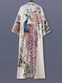 男女通用长款孔雀花卉印花和服罩衫轻薄外套，优雅民族风，适合春季、秋季、休闲、海滩、旅行，宽松披肩长袍罩衫 - 米色 - 查看 3