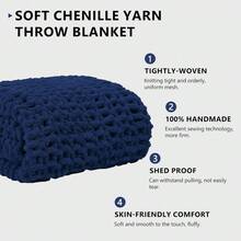 Chunky Knit Blanket - Soft Chenille Yarn Throws 40x50: Handmade Thick Cable Crochet Blanket - Large Chunky Yarn Rope Knot Throw For Couch, Sofa, Bed Home Decor - 深藍色 - 查看 2