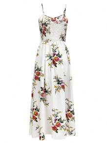 Women's Summer Floral & Leaf Print Bohemian Lace Patchwork Backless High Slit Maxi Slip Dress