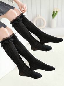 2/1 双儿童及膝袜，女孩纯色网眼袜，带蕾丝，波尔卡圆点，线条，直筒，可爱，公主风格，校服，适合日常穿着，派对，公主袜，假期，返校季，多功能，可搭配皮鞋，运动鞋，乐福鞋，开学季，学生，新学期，返校，教室 - 彩色 - 查看 17