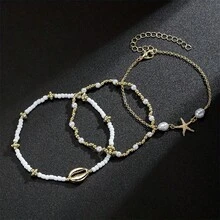 女式串珠脚链套装，3 件套夏季海滩风格，海星和贝壳饰物，度假和日常穿着，合金电镀，无马赛克季节通用脚链系列 - 彩色 - 查看 4
