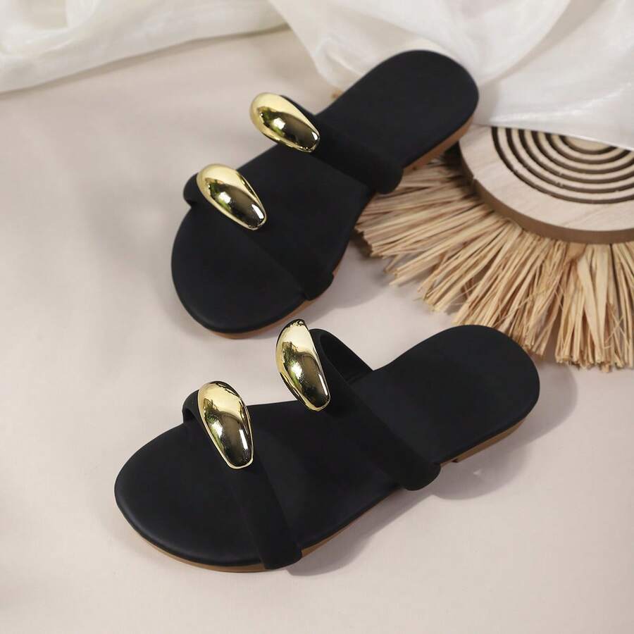 1 双儿童夏季编织凉鞋,休闲时尚百搭拖鞋,纽扣装饰,平底沙滩鞋,适合男孩和女孩,适合日常穿着、度假和旅行 - 黑色 - 查看 1